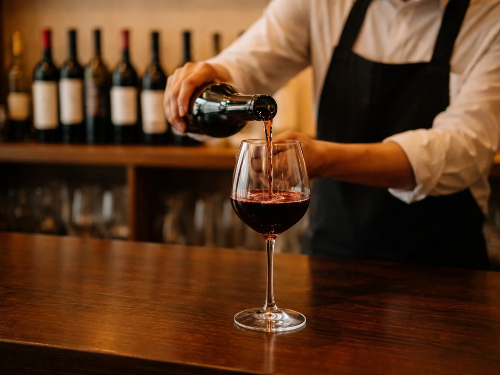Close-up of a wine bottle and glass on a restaurant bar counter with soft warm lighting