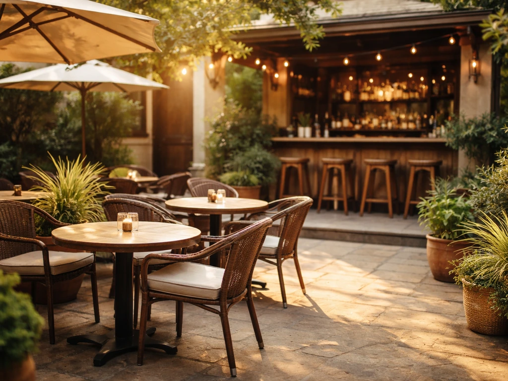 Sunlit neighborhood pub patio with inviting seating and a warm patio bar area
