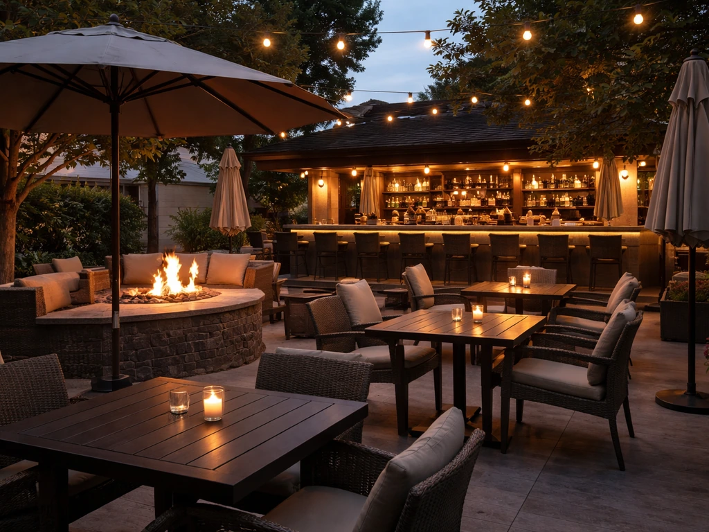 Cozy restaurant patio with umbrella seating, warm fireplace glow, and a full-service patio bar in the background.