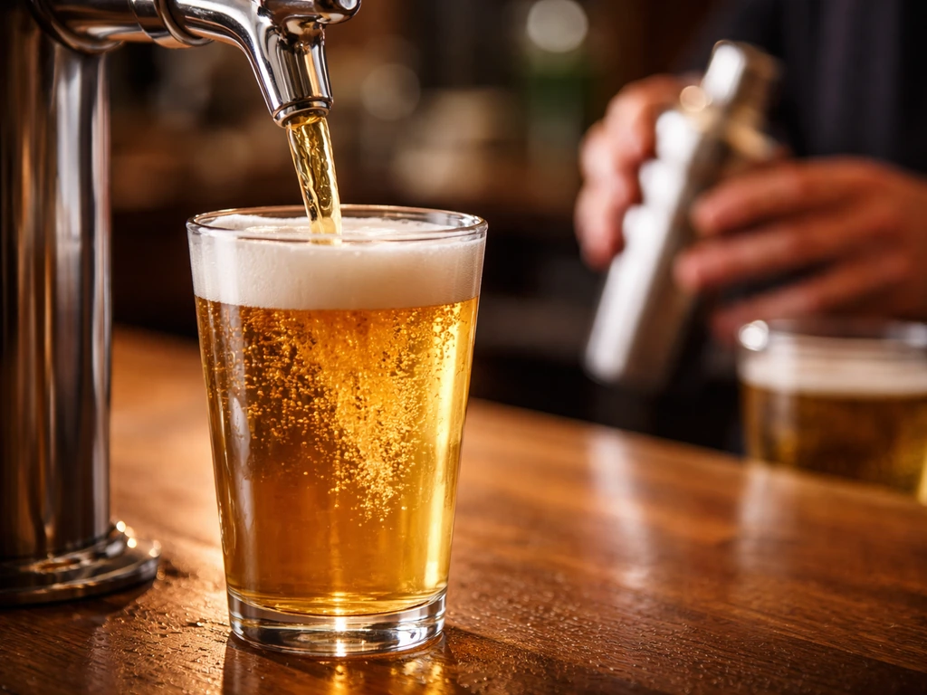 Close-up of a draft beer pour into a pint glass with bartender cocktail prep softly blurred in background.