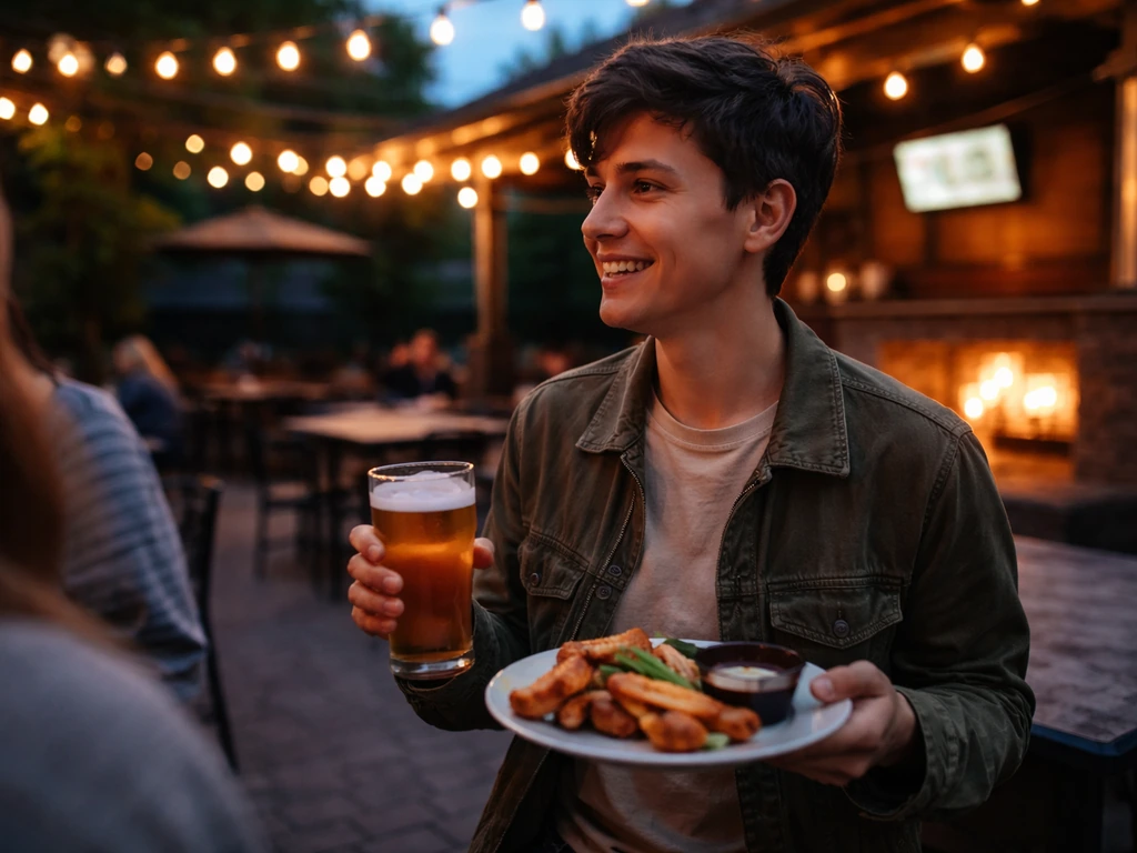 Casual beer-and-patio moment at a sports bar dusk, warm firelight and string lights.