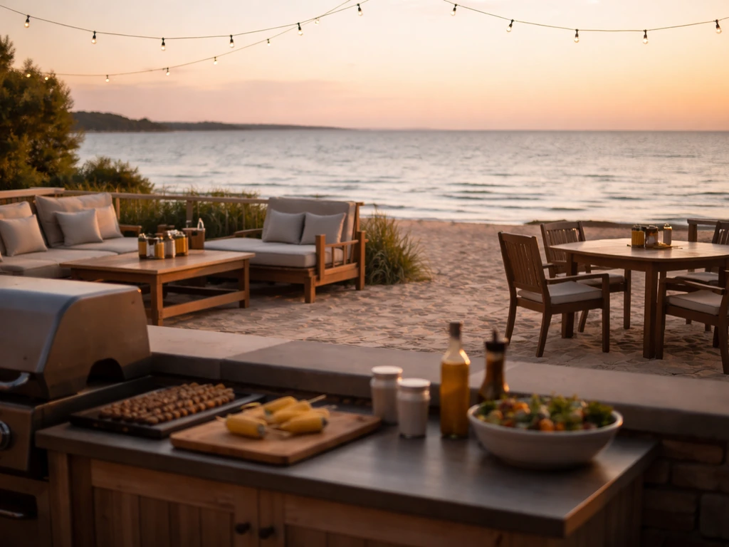 Beige outdoor patio seating beside a beachfront grill with the ocean horizon and warm evening light.