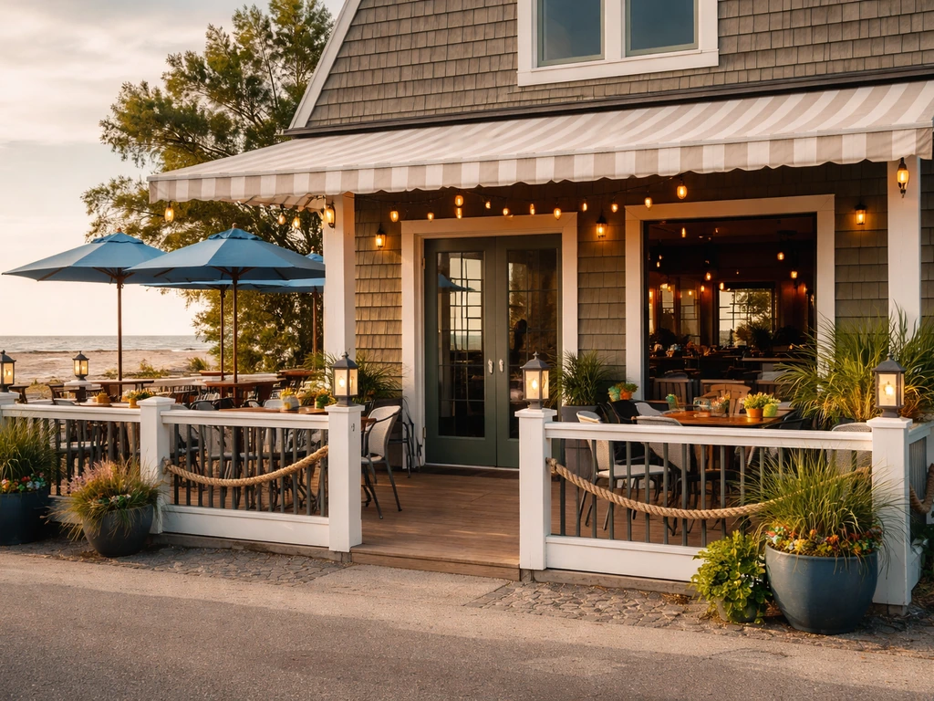Beachside restaurant exterior with patio seating and a view toward the ocean, no people.