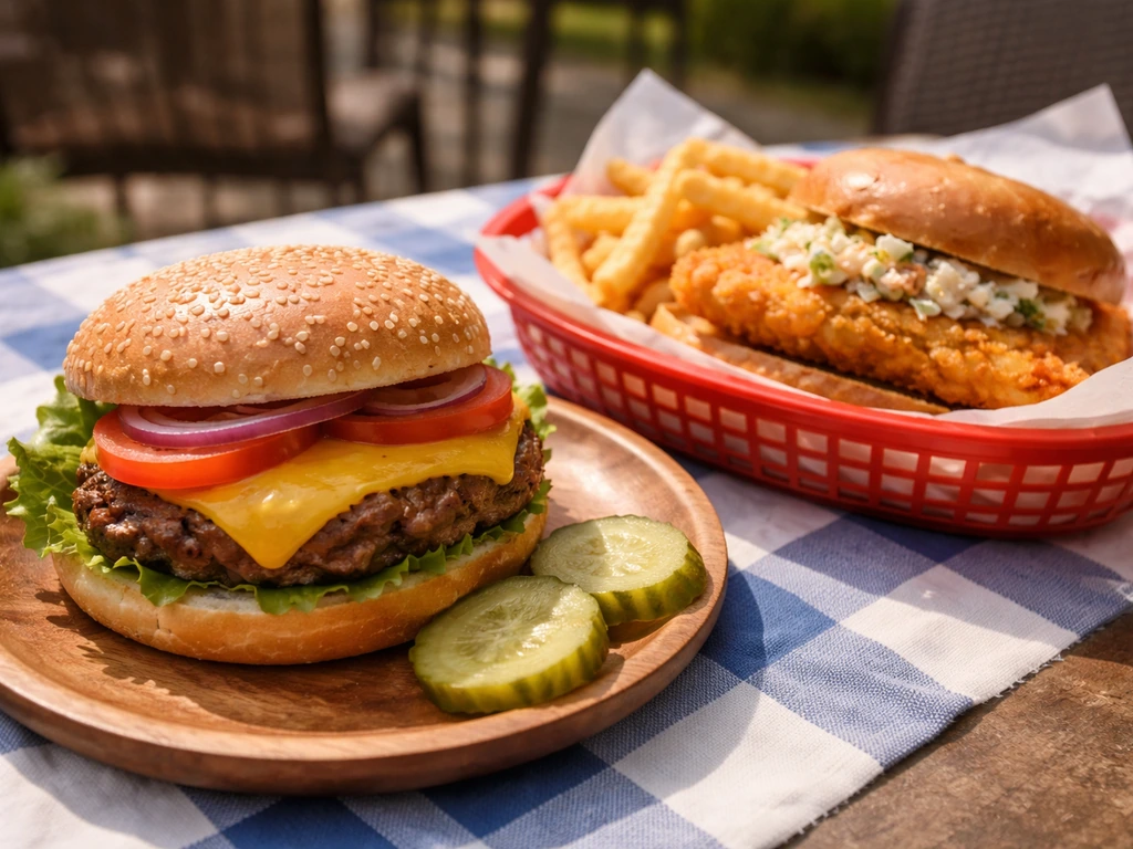 Outdoor patio table with a cheeseburger and fried haddock sandwich, with pickles and soft natural light.