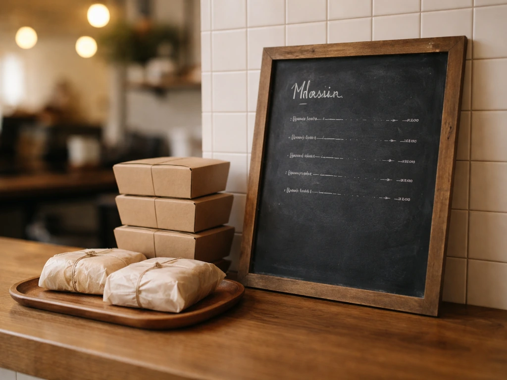 Café counter with an unlettered menu board and takeaway items arranged like a simple order.