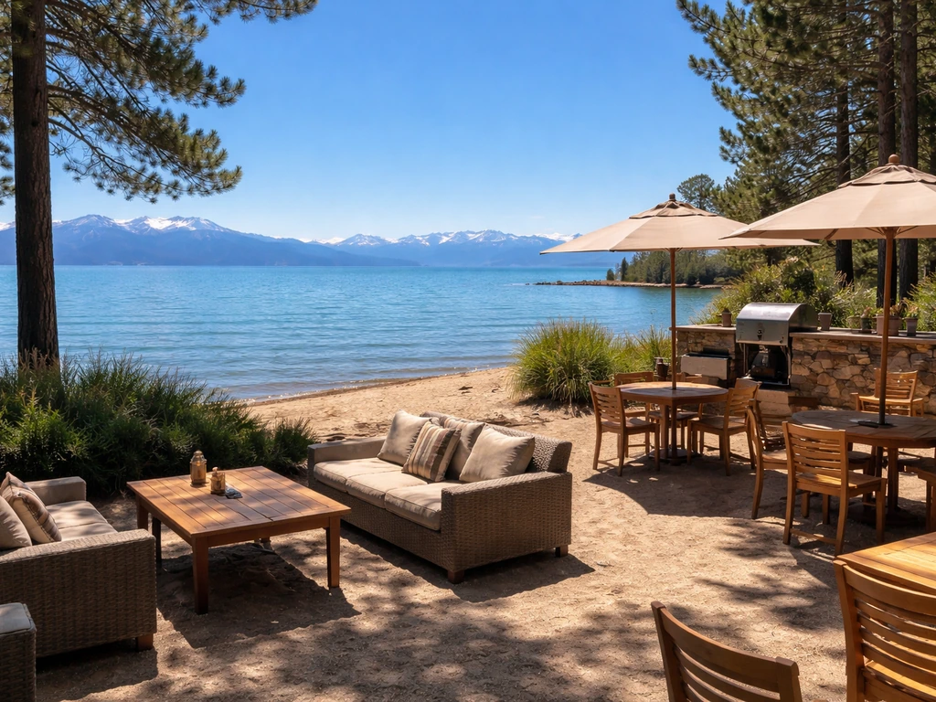 Exterior view of a lakeside beach patio in South Lake Tahoe with lake and shoreline in the background