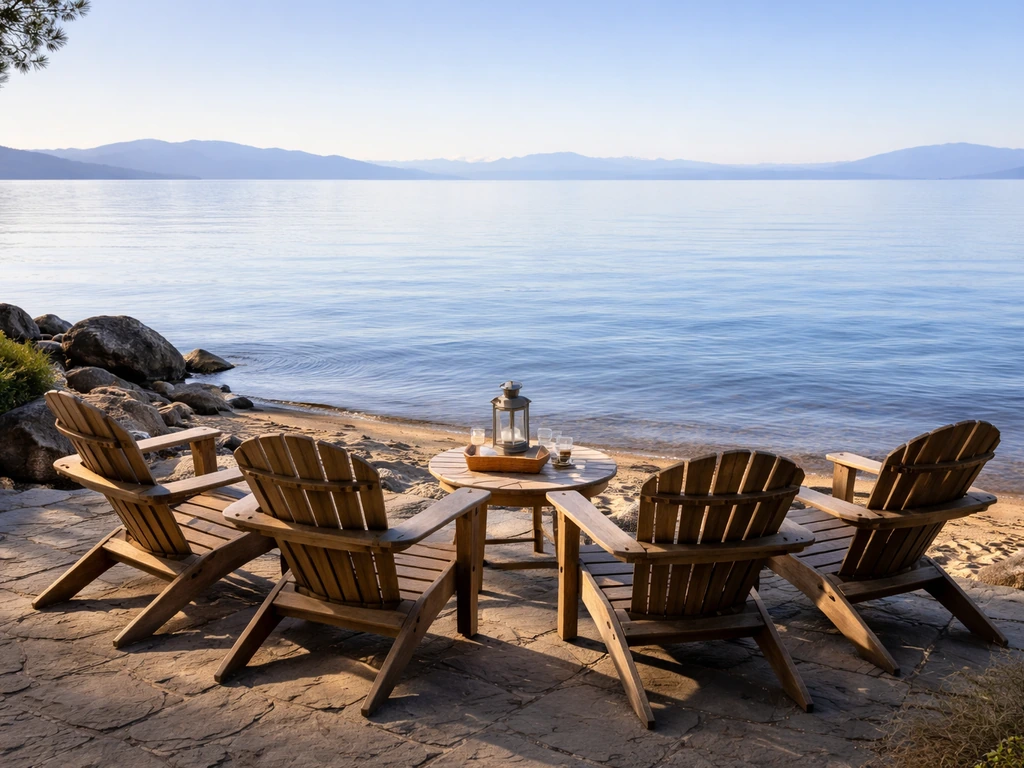 Outdoor patio seating facing a calm private lake with clear views across the water.
