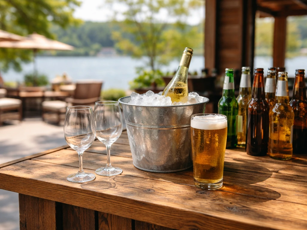 Outdoor patio bar counter with chilled wine and beer glasses, ice bucket, and bottles in soft lakeside light.