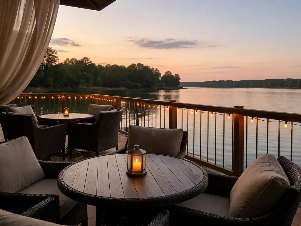 Golden-hour lakefront patio with warm lights and a nearly empty table in the foreground.