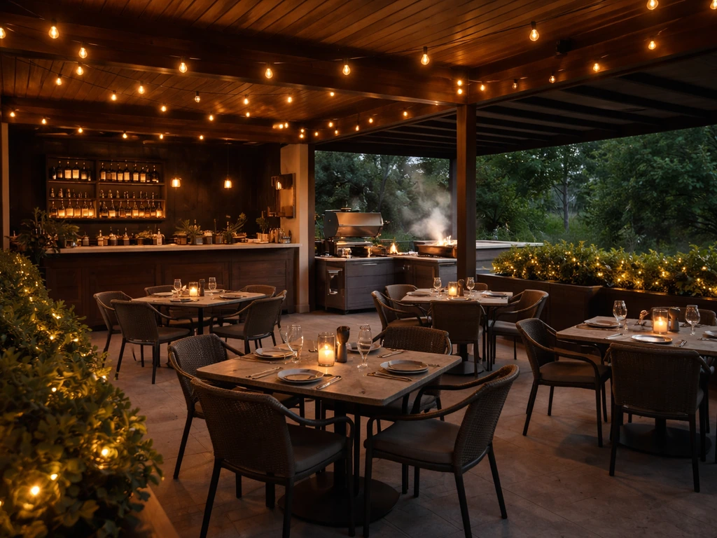 Warm covered patio bar-and-grill dining area with tables, a bar, and soft evening lights.
