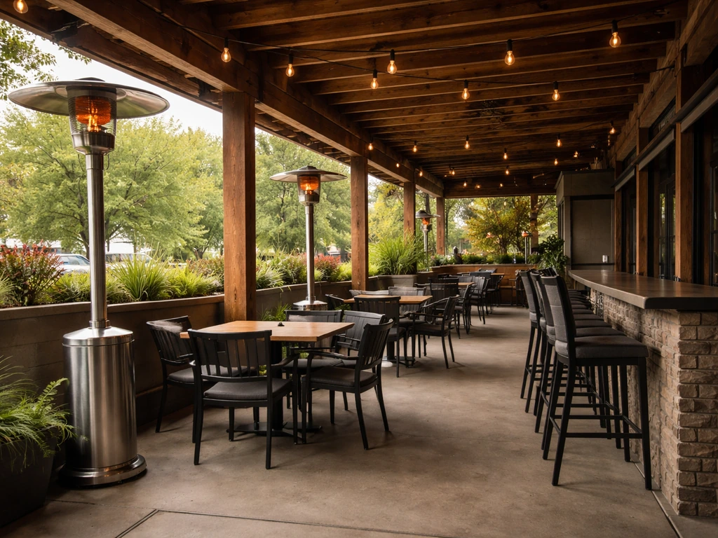 Covered outdoor dining patio with heaters and lounge-style seating at a neighborhood grill