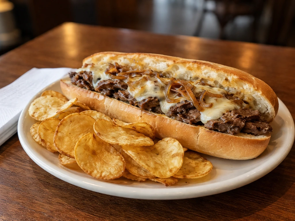 Cheesesteak and/or cheeseburger sub plated with house-made potato chips in natural light.