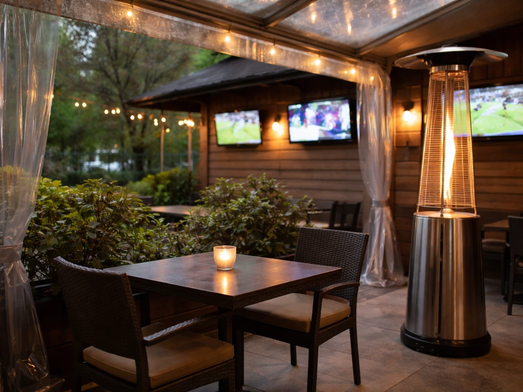 Covered patio seating with patio heater and wall TVs in the background, showing sports-bar viewing vibe.