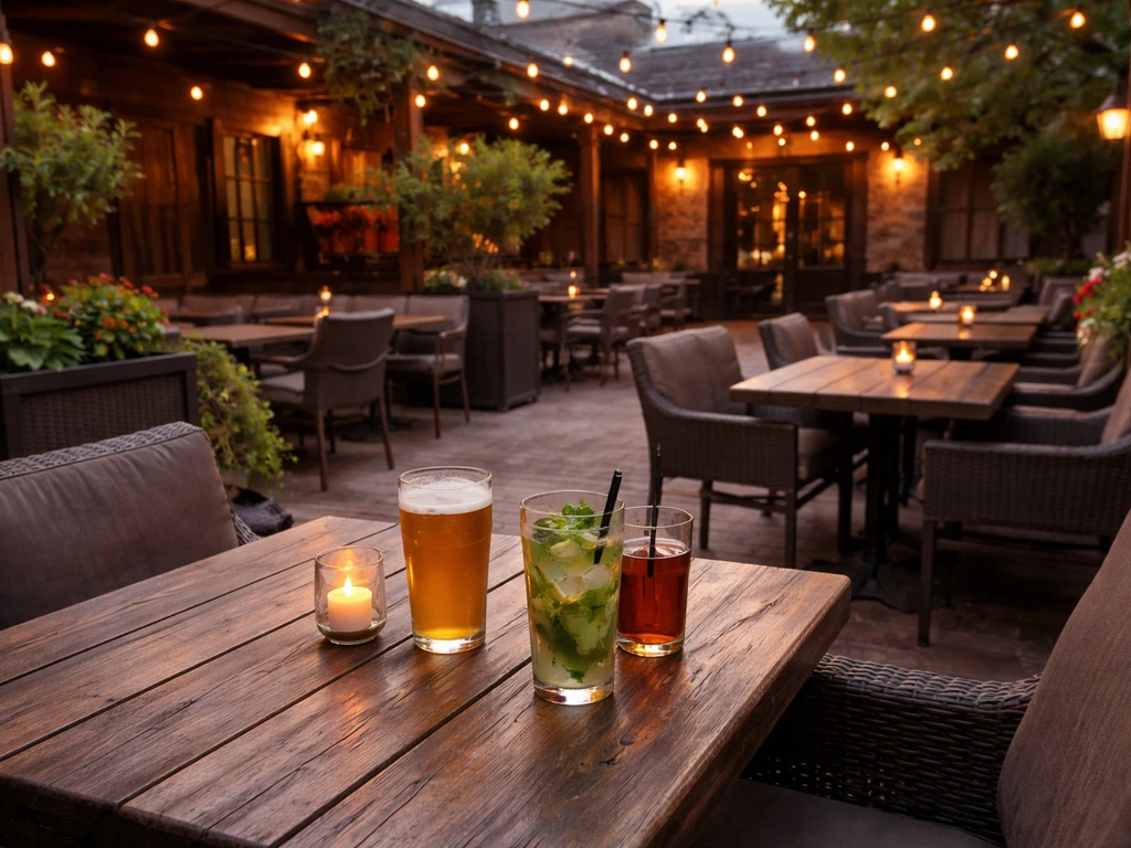 Inviting American pub-style patio exterior with warm lighting, outdoor seating, and a lively yet calm vibe