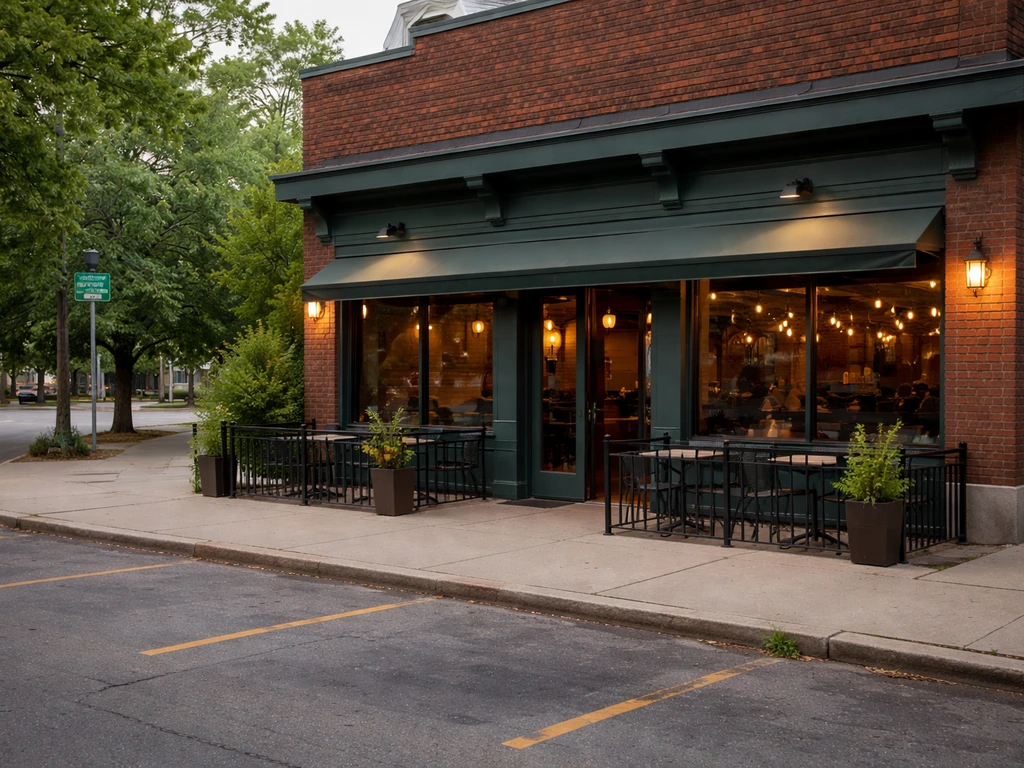 Street-level view of a casual pub and patio building entrance on a Columbus road with parking curb