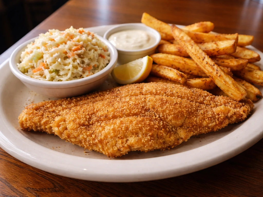 Close-up of a Southern comfort catfish dinner plate with sides on a simple restaurant table.