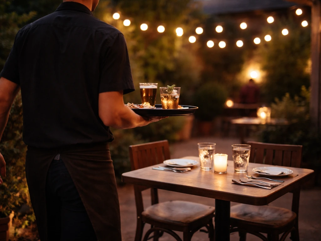 Waitstaff delivering drinks to a small outdoor restaurant table at night, warmly lit and calm.