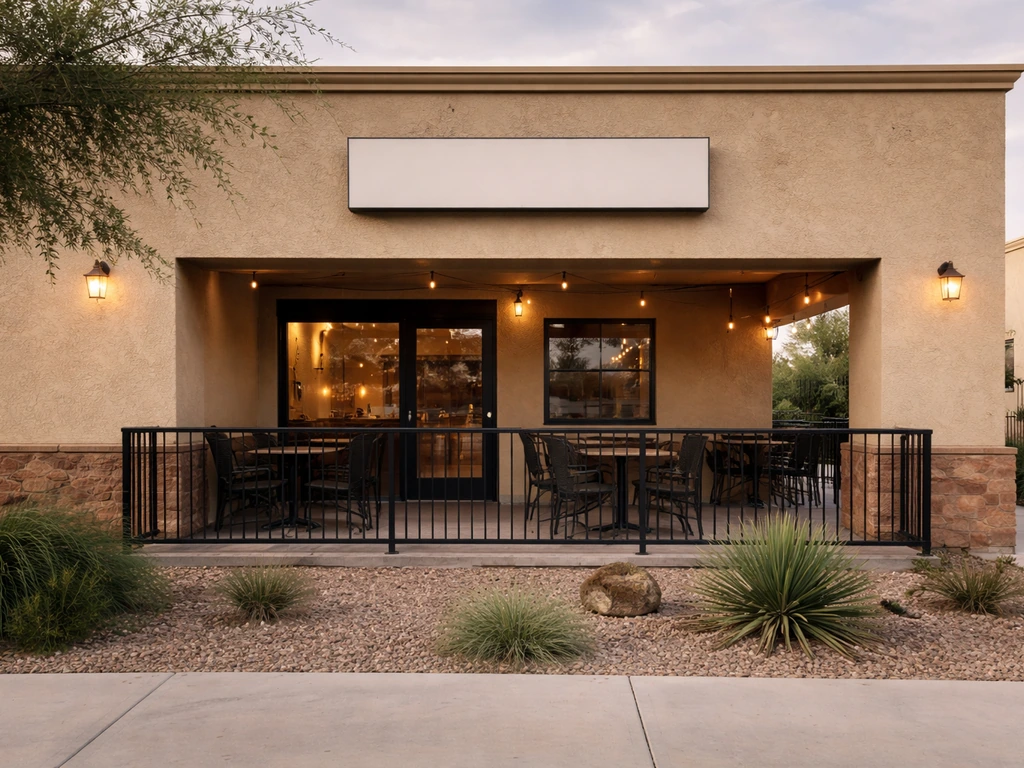 Street-level view of a small patio grill storefront in Coolidge, Arizona with an entrance and empty patio seating.