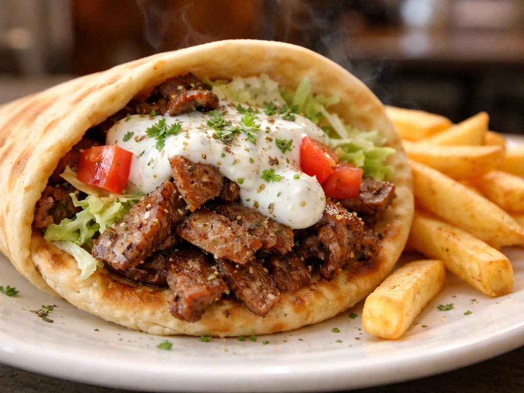 Close-up of a gyro pita deluxe with gyro meat, fresh toppings, and a side of fries.