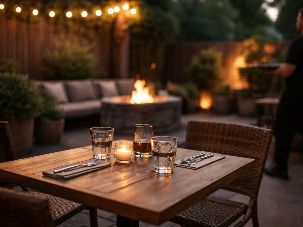Warm outdoor patio at dusk with a glowing fire pit, set table, and softly lit seating area.