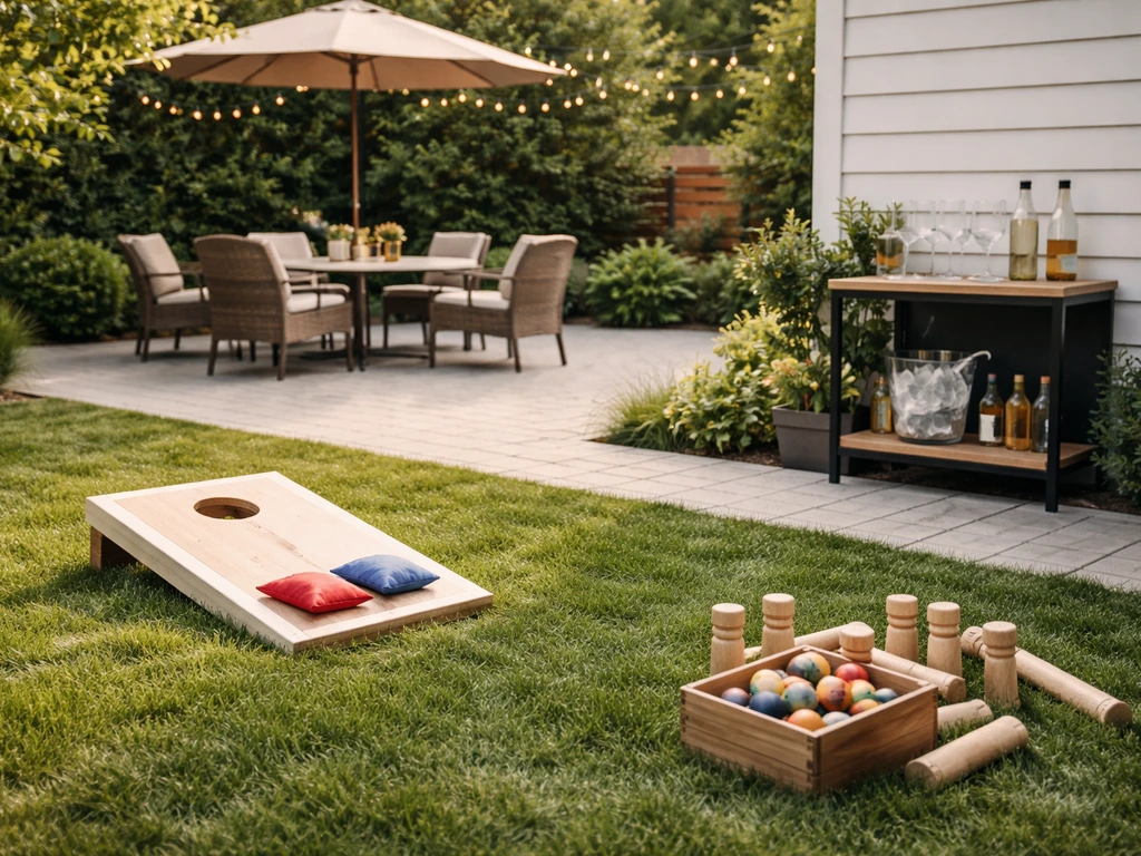 Backyard with a lawn/game area next to a hardscaped patio and a small outdoor drink bar, no people.