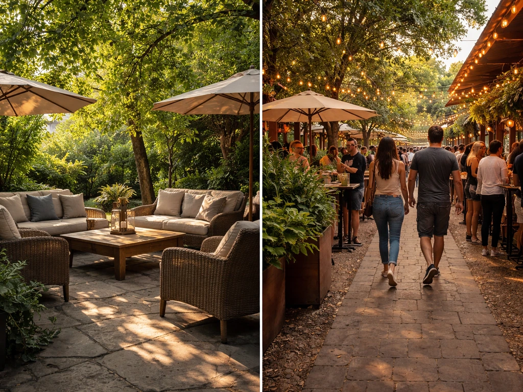 Split view of a shaded patio seating area on one side and a busier walkway on the other.
