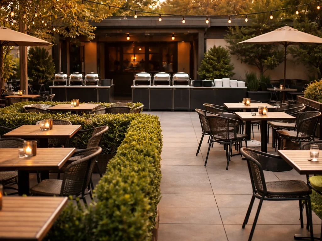 Outdoor patio showing separated seating clusters and a nearby order/waiting pickup station with service rails.