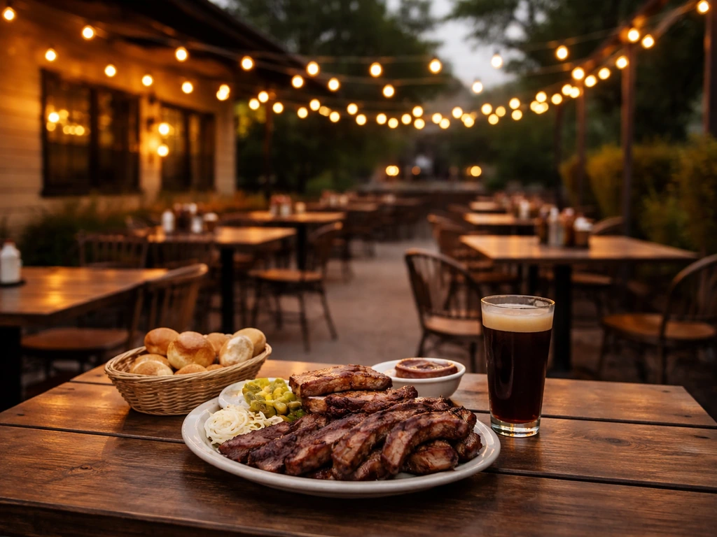 Warm-lit patio at Bedlam Bar B-Q with BBQ platters and a cozy dine-in atmosphere