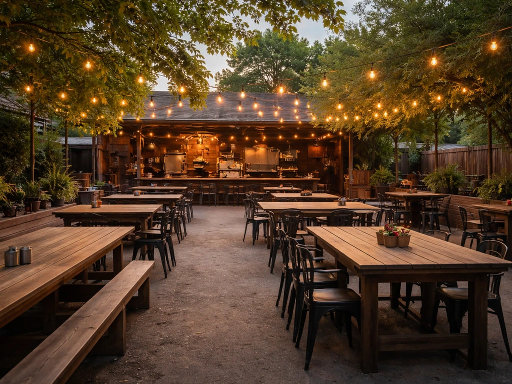 Wide view of an inviting outdoor patio with tables, a grill/serving area vibe, and live-music-ready ambiance.