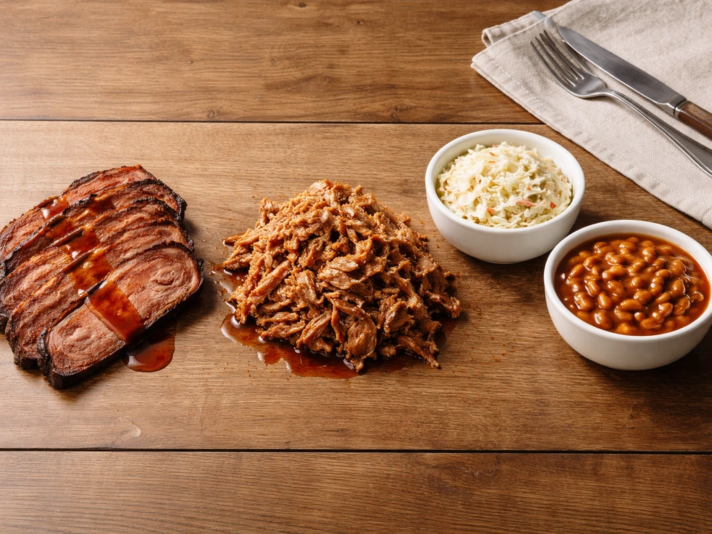 Flat-lay food order guide with sliced brisket, pulled pork, and simple sides on a wooden table