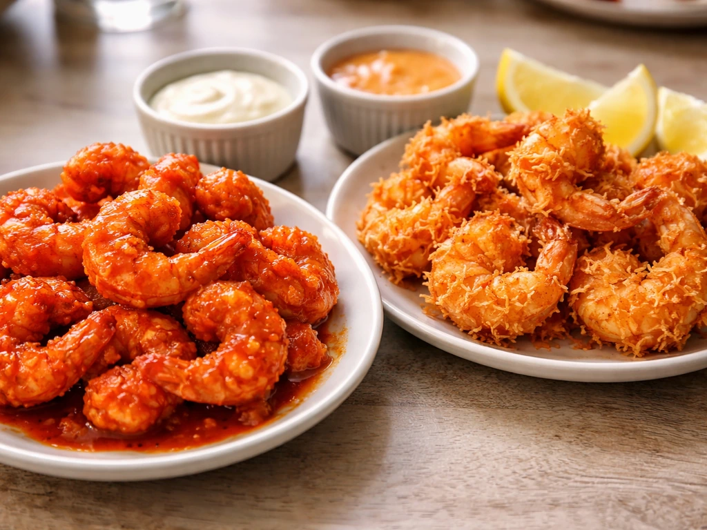 Close-up of plated buffalo and coconut shrimp with dipping sauces on a simple table