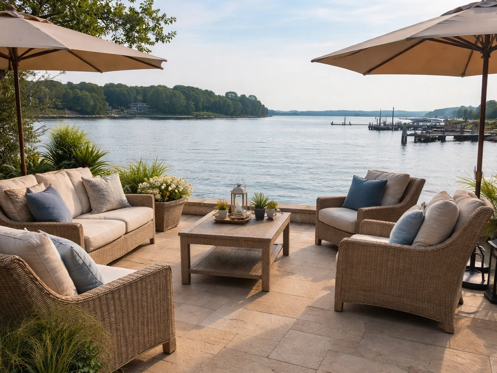 Wide view of a harbor-side patio with cushioned outdoor seating facing calm water