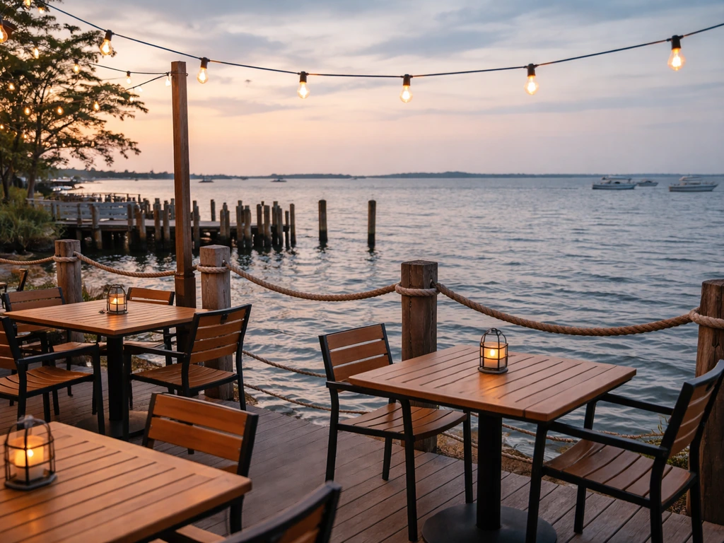 Minimal waterfront patio at a Jersey Shore seafood bar with a dock and bay in the background