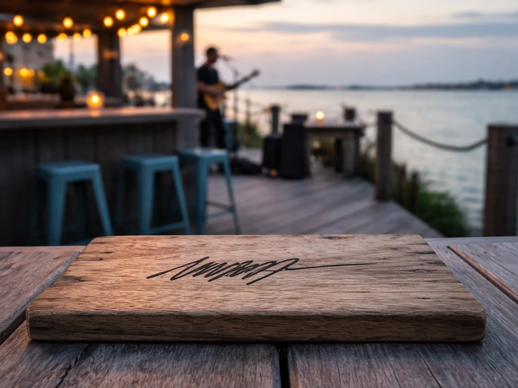 Handwritten-style review note on a board over a tranquil bay-view wharf patio at dusk