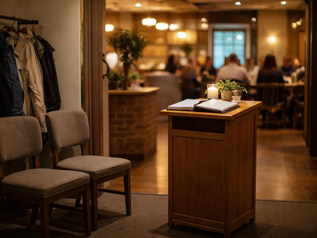 Quiet restaurant entrance with a host stand and light queue vibe, people seated in the background