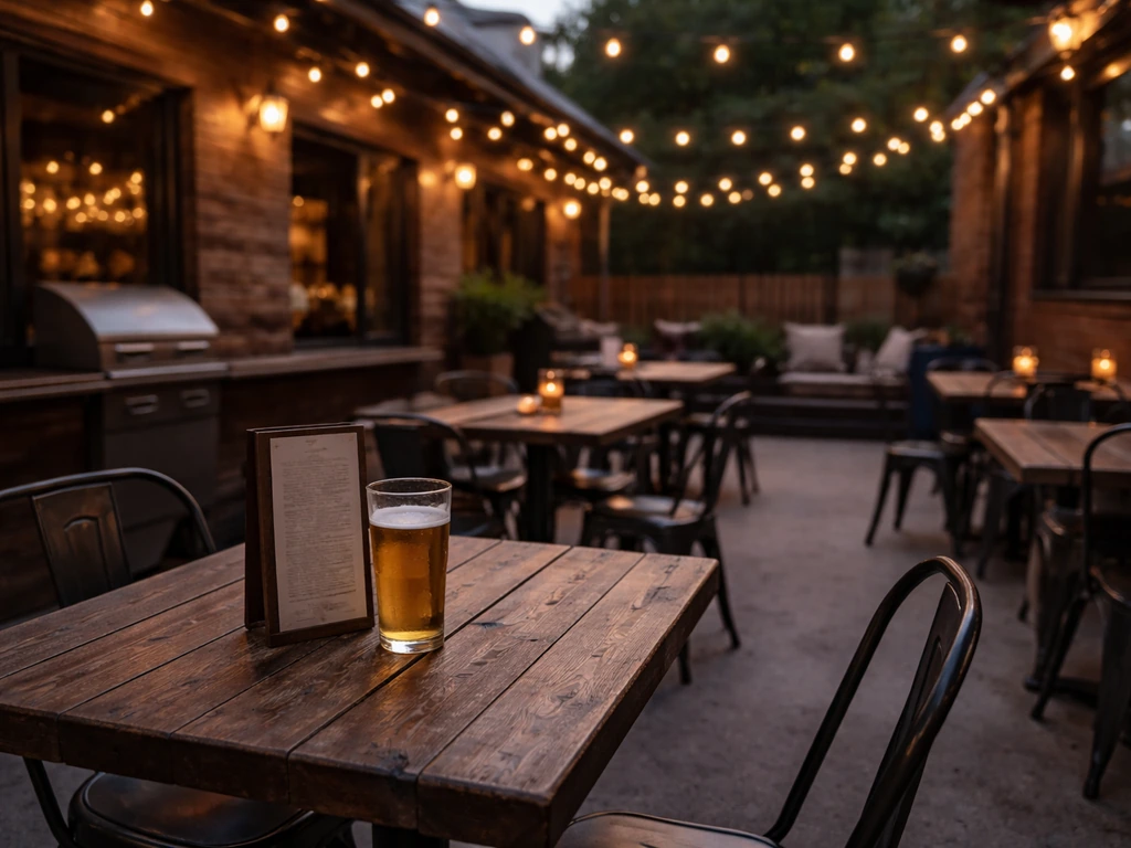 Cozy pub patio at dusk with warm string lights, tables, and a grill near a bar counter.