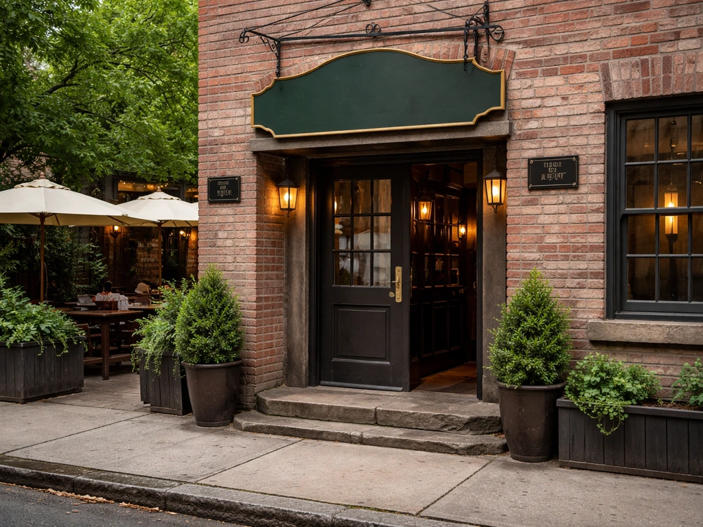 Exterior view of a pub entrance showing location cues like facade signs and address plaques.
