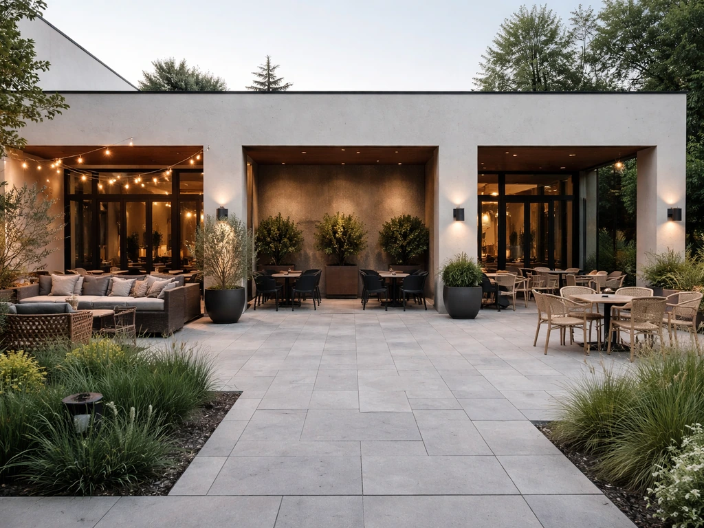 Three distinct outdoor patios side-by-side, each with a different seating vibe and sightline.