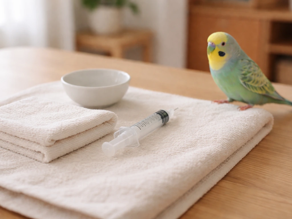 Small pet bird perched near a folded towel and needleless oral syringe on a tidy, sunlit table.