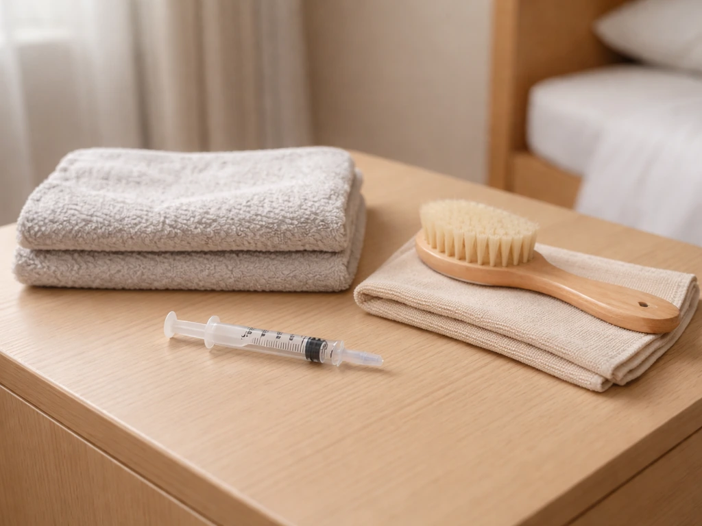 Quiet room pre-dose setup with towel and a needle-free 1 mL oral syringe staged on a table.