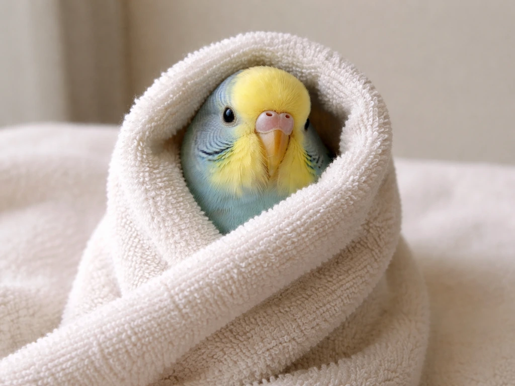 Small pet bird calmly wrapped in a light towel, centered and gently restrained.