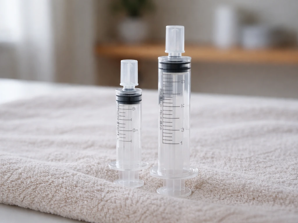 Close-up comparison of syringe sizes with liquid medication tools on a calm treatment tray