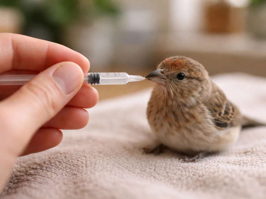 Close-up of a hand holding a tiny 1 mL syringe near a small finch for gentle, minimal dosing