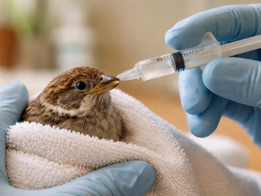 Gloved hand slowly dosing an anonymous bird with a syringe, showing safe tip placement to prevent aspiration.