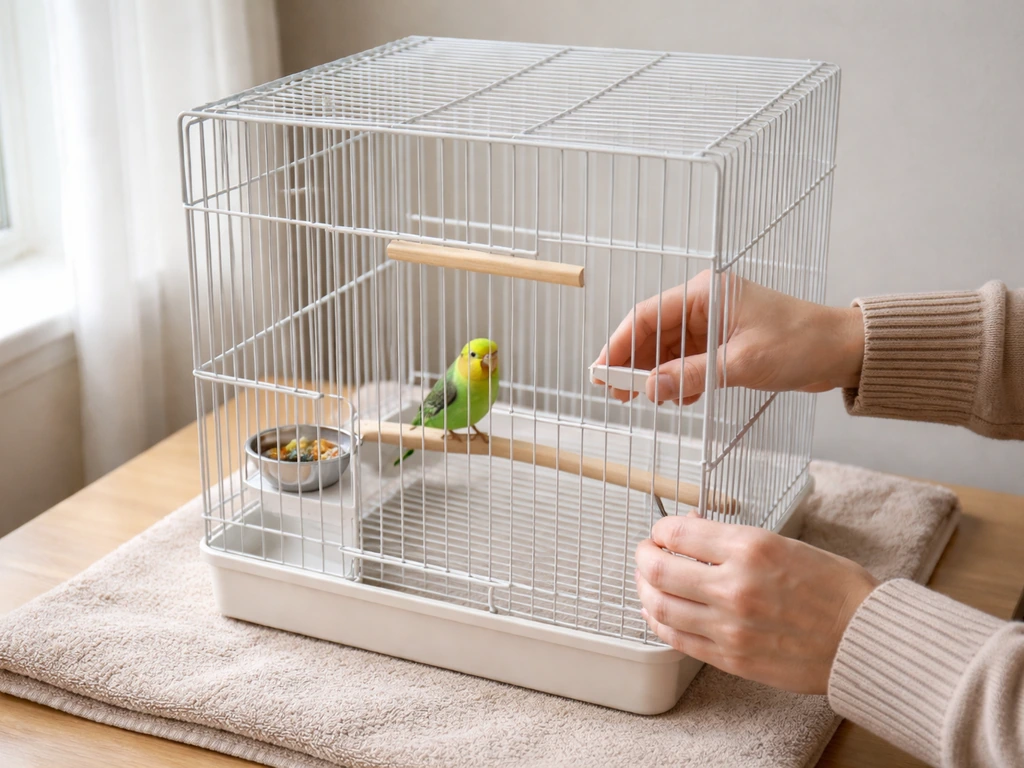 Caretaker adjusts a clean bird cage with perches, food, and water; a calm bird sits inside.