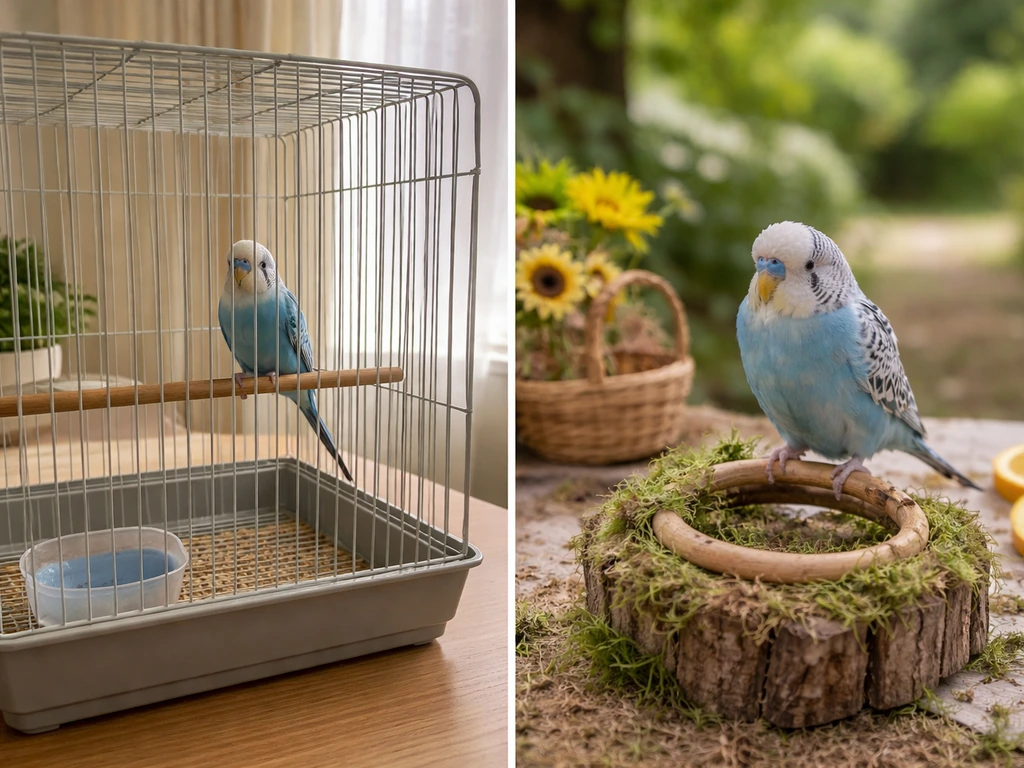 Split image: safe bird care in a proper cage vs an unsafe, performative bird encounter setup.
