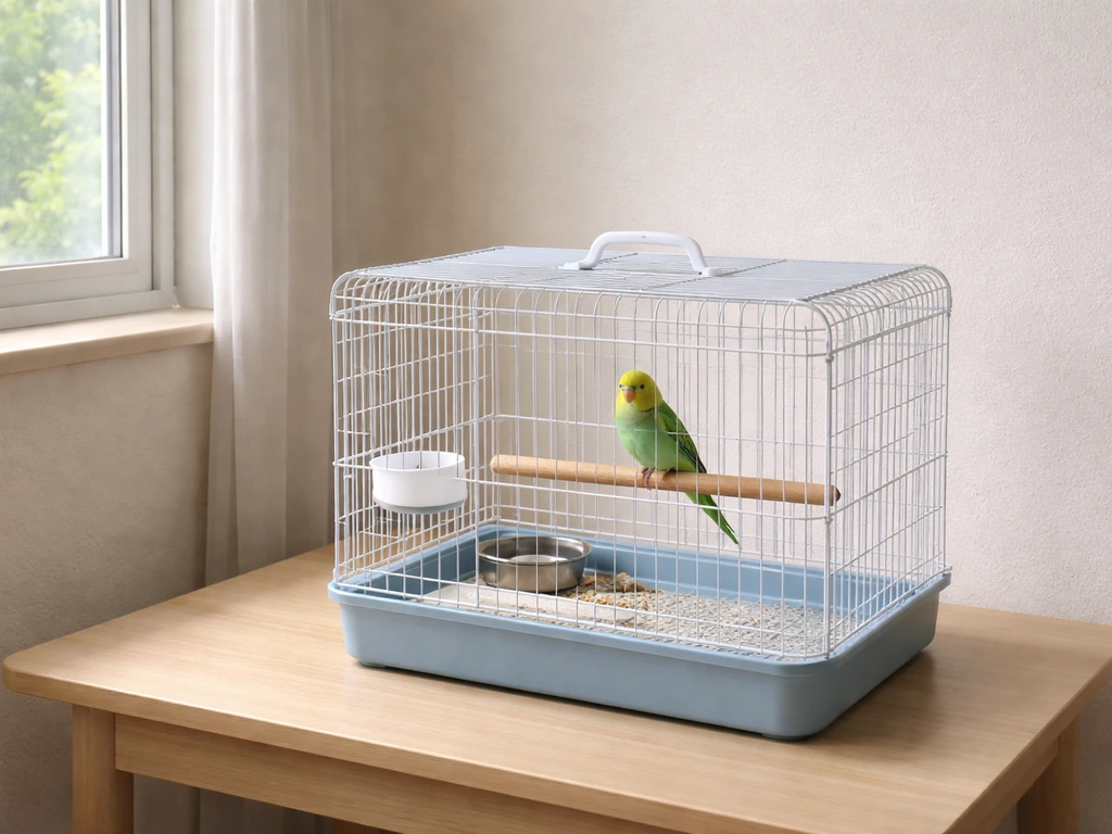 A quiet quarantine setup with a bird perched in a separate holding cage, food and water nearby.