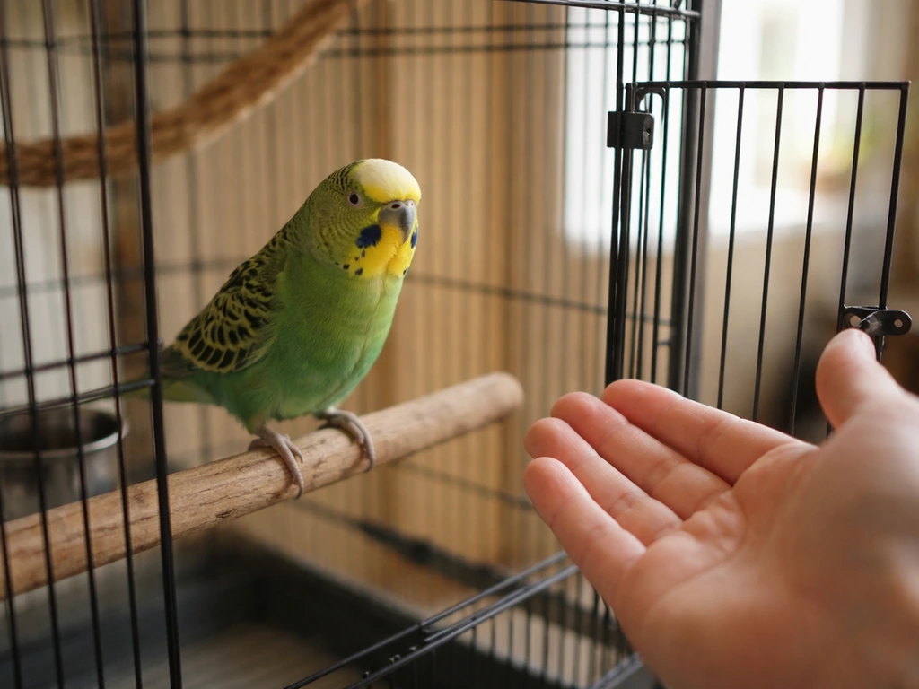 A hand held near a calm bird perched on a perch beside an open cage