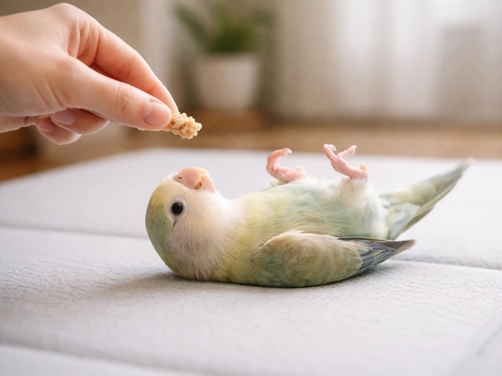 A small pet bird rolls over on a padded non-slip mat as a trainer hand lures a treat arc
