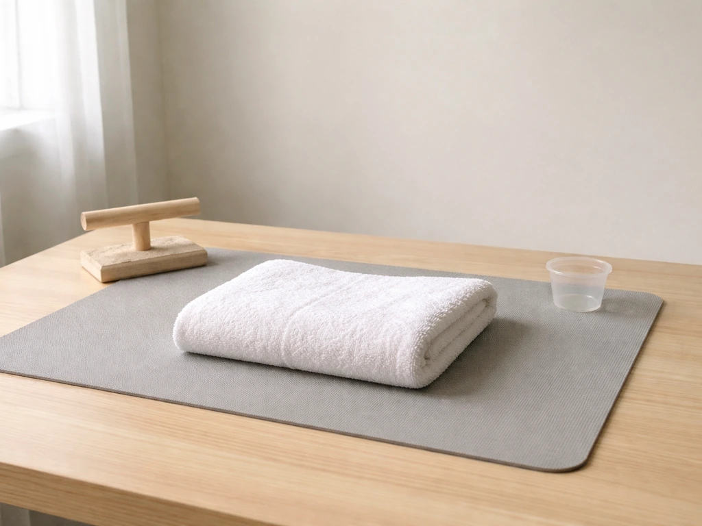 Quiet parrot training setup: folded towel on a non-slip table, calm room, no other pets visible.